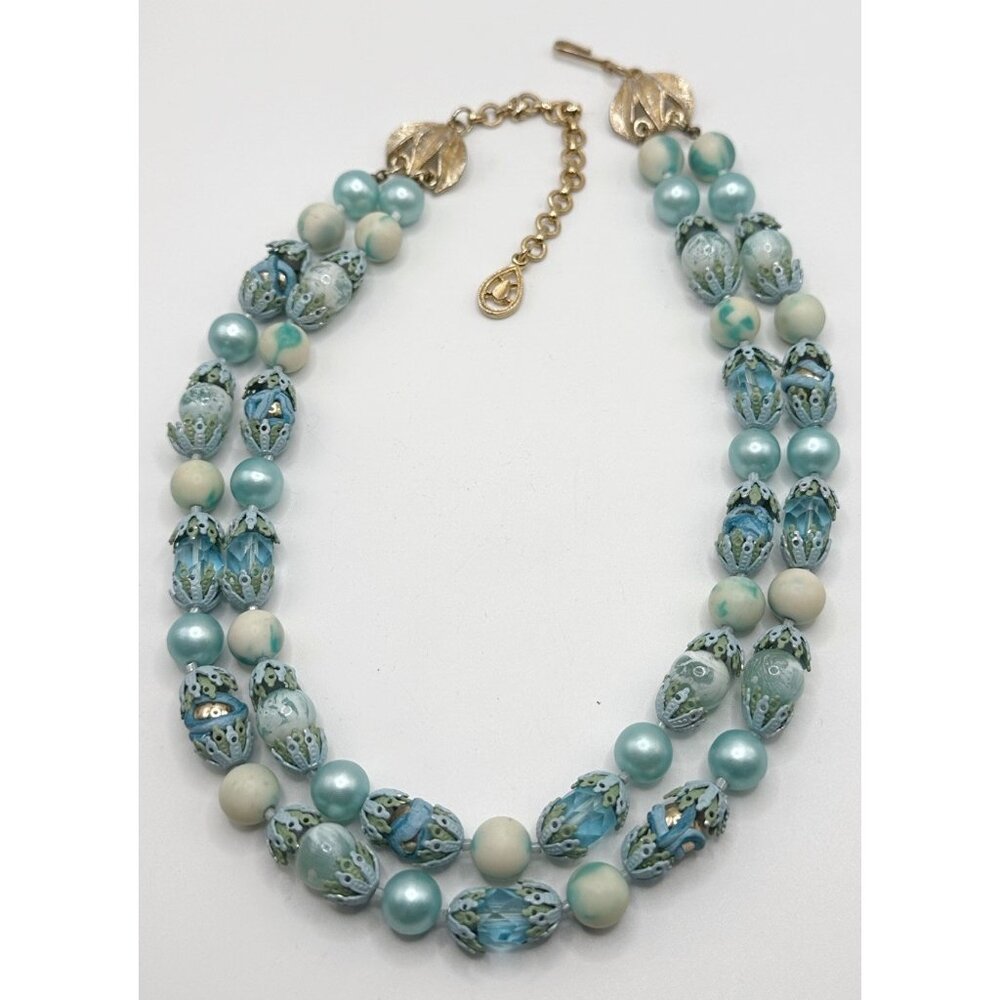 Unusual Blue Beaded‎ Floral Bead Caps Double Strand Necklace